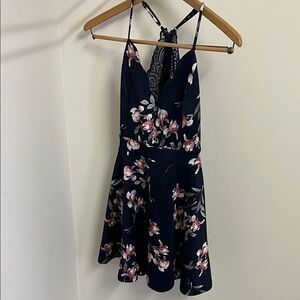 Floral Spaghetti Strap Fit & Flare Dress - Navy with Pink Blooms
